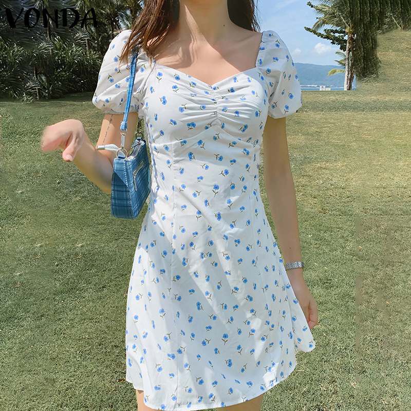 Women&#039;s Blouses & Shirts Stylish Floral Print Dress VONDA Women Short Puff Sleeve 2021 Summer Bohemian Beach Party Elegant Vestido