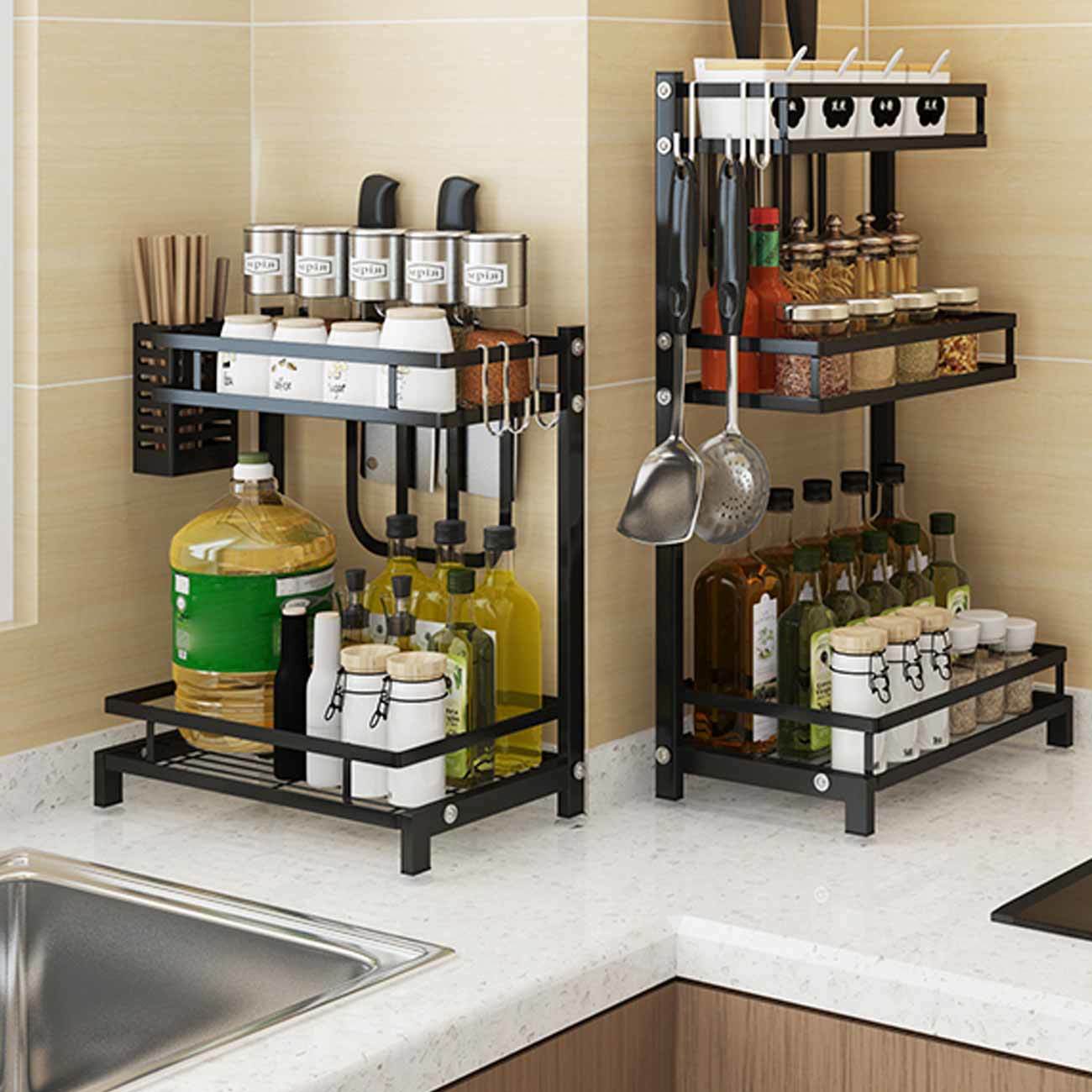 Contracted Durable Standing Spice Rack 2 Tier Spice Bottle Jars Storage Shelf With 3 Hooks Perfect For Holding Kitchen Utensil