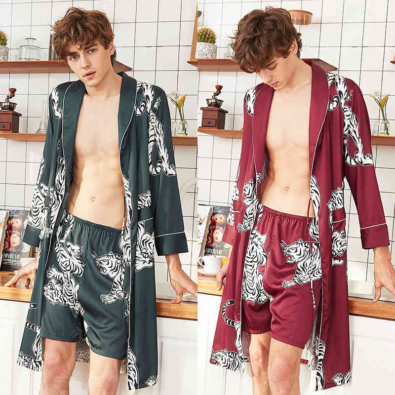 Men&#039;s Sleepwear Summer Silk Pajamas Two-piece Satin Male Loose Tiger Dress Robe and Silky Shorts Suit Nightgown Home Clothing VFLT