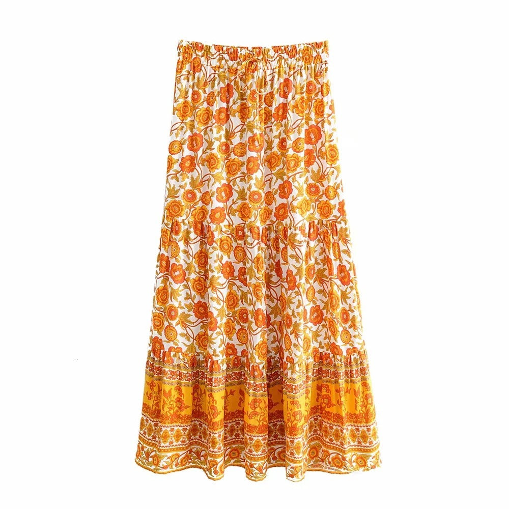 Skirts Women Summer Floral Printed Midi High Waist Elastic Vintage Spring Holiday Beach Bohemian Boho Casual Clothes 2021 Long U4H