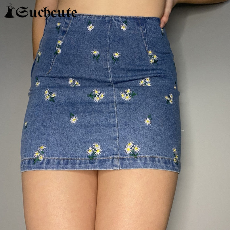 Casual Dresses Y2K Aesthetic Flower Embroidery 90s Mini Skirts Korean Fashion High Waist Cute Denim Skirt Summer Kawaii Clothes Z