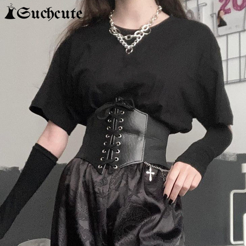 Women&#039;s Tanks & Camis Gothic Corset Crop Tops For Women PU Leather Punk Style Lace Up Summer Dark Academia Fashion Clothes H4RK