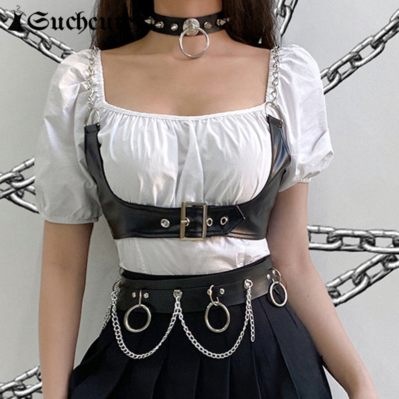Women&#039;s Tanks & Camis Gothic PU Leather Corset Top For Women Dark Academia Fashion Clothes Punk Style Chain Buckle Tops Summer Str