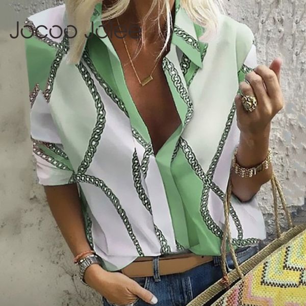 Women Casual Blouse Long Sleeve Chain Shirt Print Office Turn Down Collar Elegant Work Plus Size Tops Tunic 210428