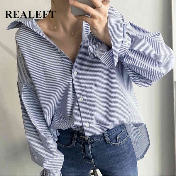 Vintage Striped Women Blouse Lantern Sleeve Single Breasted Turn-down Collar Female Shirts Tops Spring Summer 210428