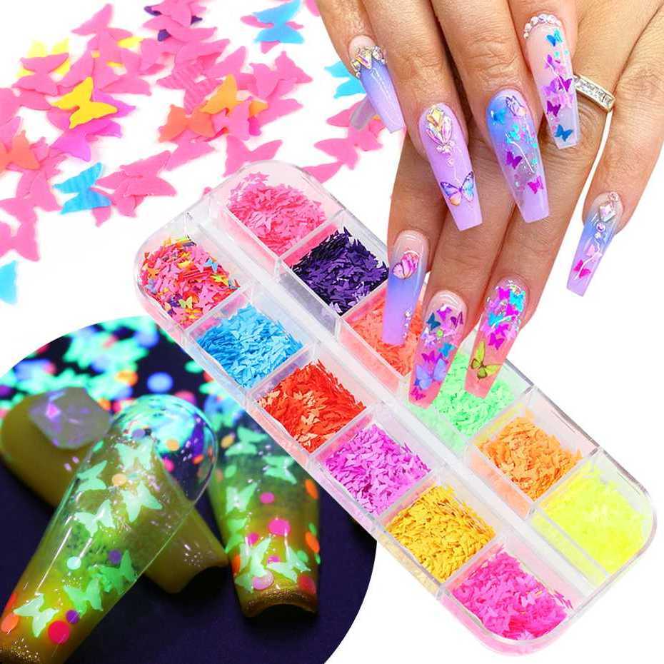 12Grids Butterfly Neon Fluorescence Nail Art Sequins Chameleon Mirror Shining Glitter Flakes Polish DIY Manicure Paillette BEYHD