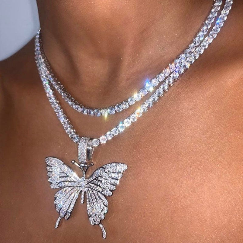 Statment Big Butterfly Pendant Necklace Hip Hop Iced Out Rhinestone Chain for Women Bling Tennis Chain Crystal Animal Choker Jewelry