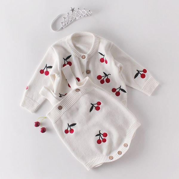Spring Autumn Baby Girl Outfits Clothes Set born Cherry Knit Coat + Rompers Suit Infant Girls Clothing 210429