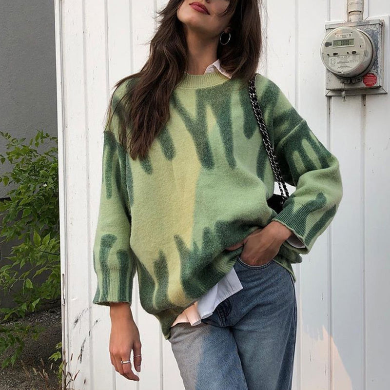 Women&#039;s Sweaters Stripes Print Oversize Women Winter Knitted Warm Pullovers Female Long Jumpers Streetwear Outerwear M0B3