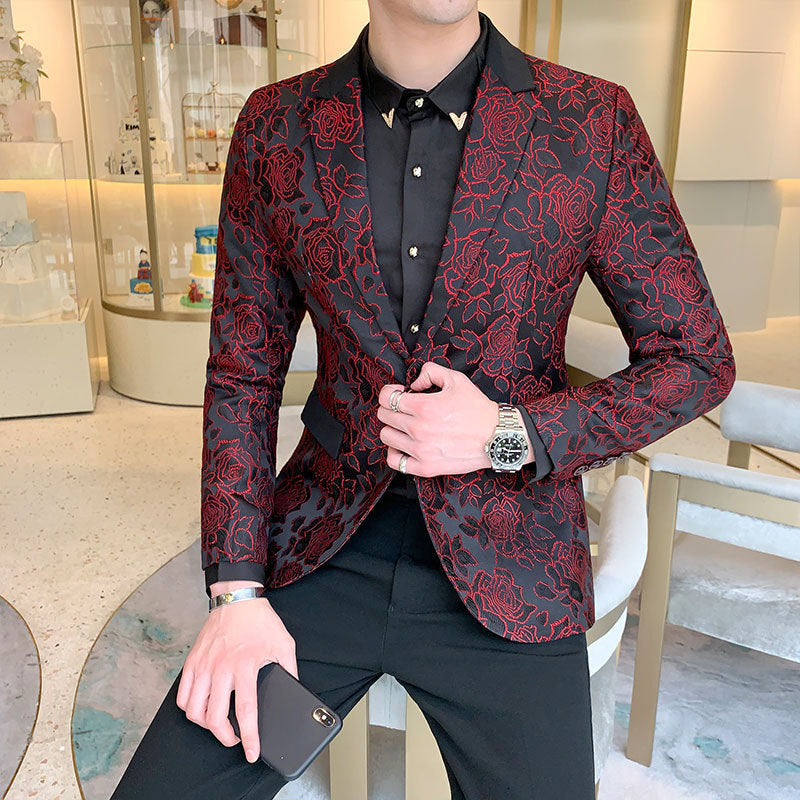 Men&#039;s Suits & Blazers Blazer of the luxury men prom embroidered wine long sleeve male thin blazer-fitting stage jackets