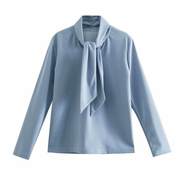 Elegant Women Solid Soft Shirts Fashion Ladies Stand Collar Cord Tops Sweet Female Chic Sky Blue Blouses 210430