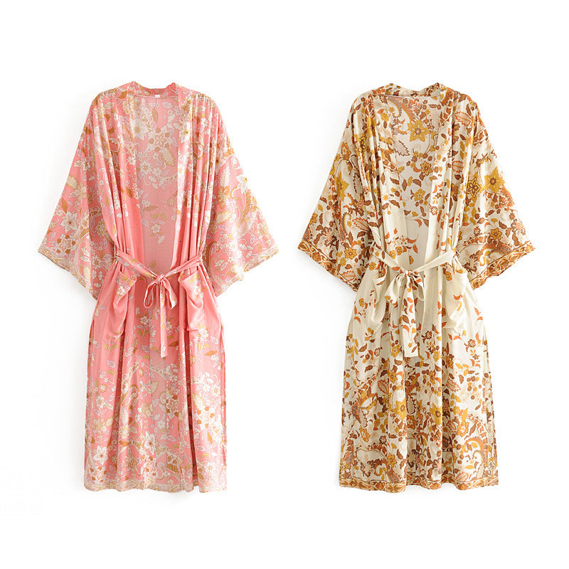 Women&#039;s Blouses & Shirts Women Floral Print Bohemian Long Kimono Cardigan Sashes Boho Tops Batwing Sleeve Casual Beach Holiday Cov