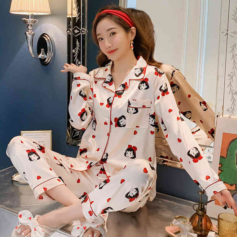 Women&#039;s Sleepwear Satin womens pj sets Women Silk Pajamas Pyjamas Set ladies Long Sleeve nightwear Cute Top and Pants Pijama suit 31F0