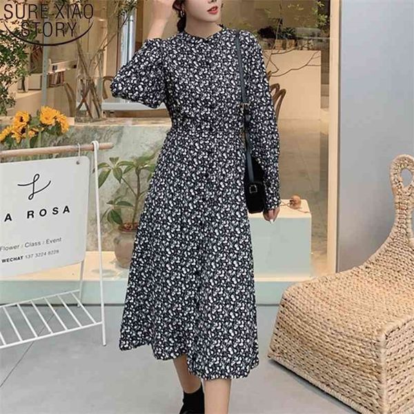 Spring Chiffon Dresses Korean Floral Vintage Midi Long Stand Collar Plus Size Loose A Line Party 13198 210506