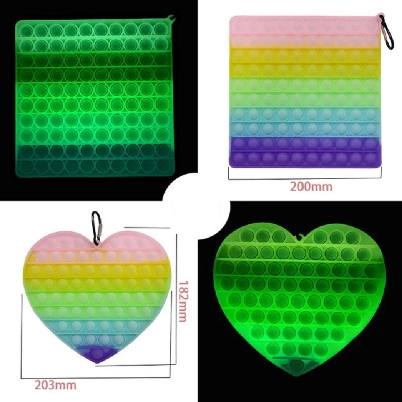 Party Favor Rainbow Big Size Square Heart Push Bubble Pop It Fidget Toy Glow in the Dark
