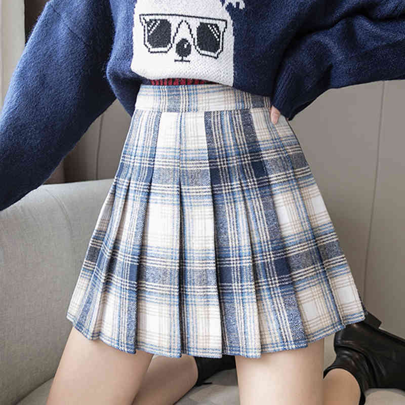 Skirts Winter Wool Blend Plaid A-line Pleated Mini Skorts Preppy Sweet Colored Check Houndstooth Short ZXYT