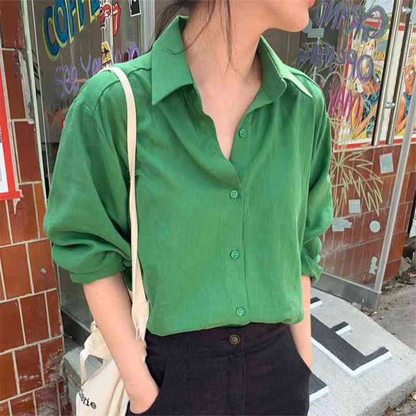 Spring Autumn Women&#039;s Blouses Korean Style Retro Lapel Single-breasted Top Casual Wild Loose Long Sleeve Female Tops GX392 210507