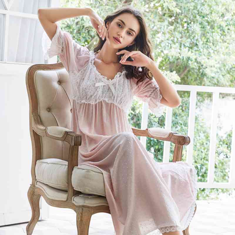 Women&#039;s Sleepwear Nightgown Cotton Lace Long Romantic Summer Princess sweet Style EXEV