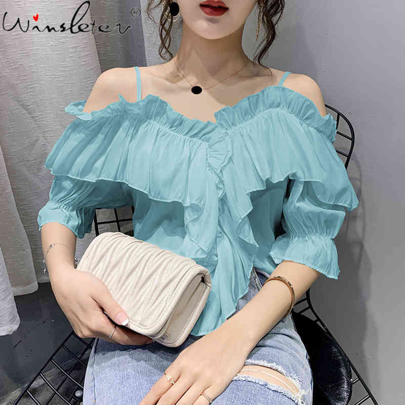 Women&#039;s Blouses & Shirts Summer Chiffon Women Fashion Sleeve Spaghetti Strap Off-the-shoulder Blouse Shirt Casual Blusa T07016B 7J