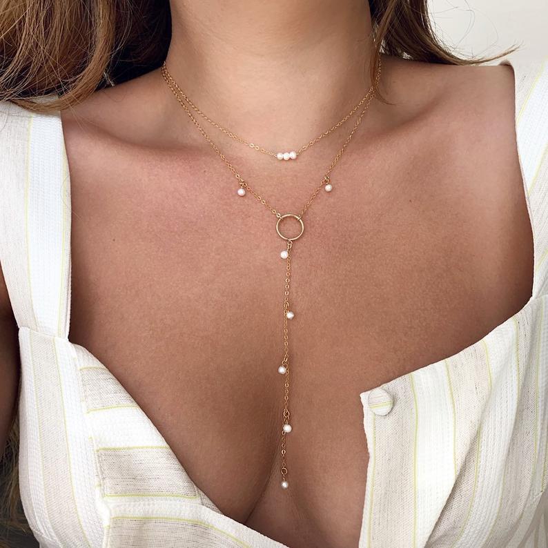 Fashion Irregular Pearl Choker Necklace Vintage Double Layer Chain Pendant For Women Asymmetrical Tassels Clavicle Jewelry Necklaces