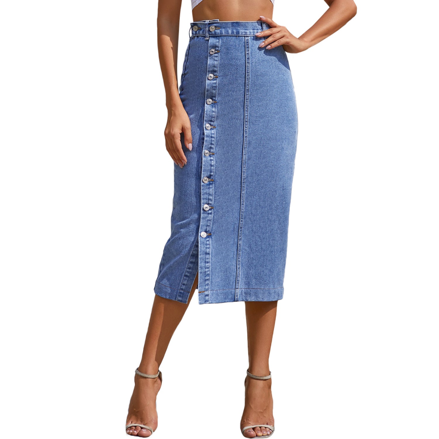 Articat High Waist Split Midi Demin Skirt For Woman Summer Korean Style Jeans Skirts Ladies Blue Slim Button Streetwear Harajuku