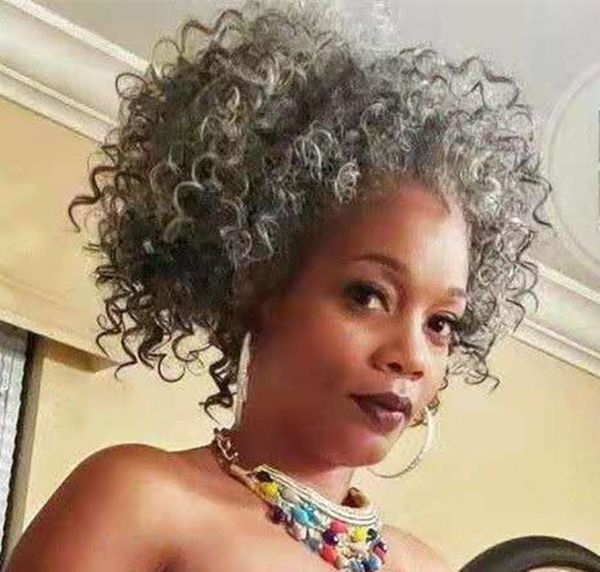 Salt and pepper grey curly brazilian hair ponytail african style puff 14inch silver gray 100% human pony tail extension for black women