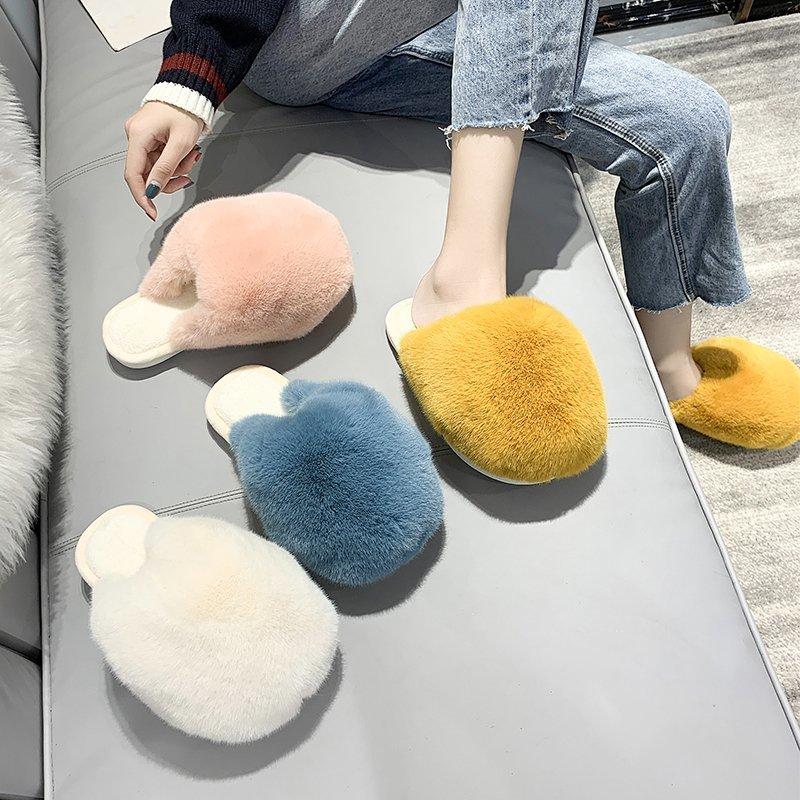 Closed Toe Fur Slippers Women Winter Warm Plush Slides Shoes Feather Sapatos Das Mulheres Candy Color Furry Big Size 41