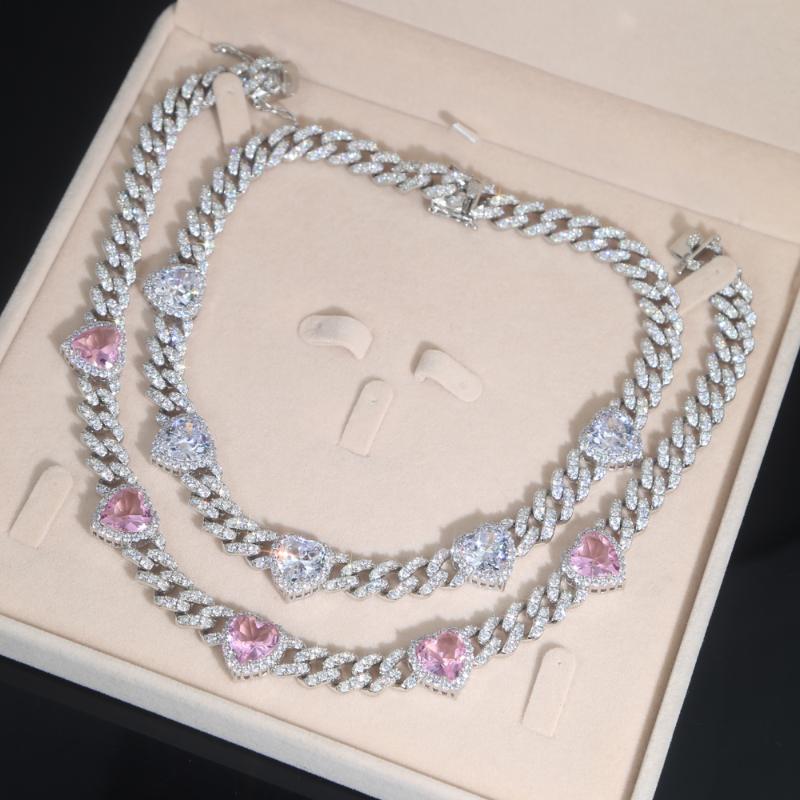 Iced Out Bling Women Lady Jewelry Fashion 12mm 5A CZ Cuban Link Chain White Pink Heart Charm Choker Necklace 16&quot; Chokers