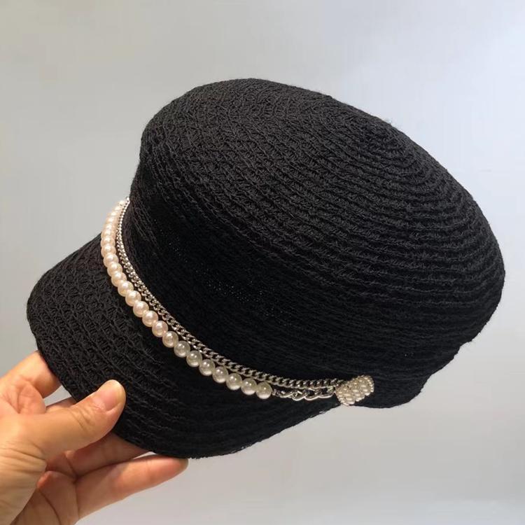 Pearl Flat Top Oagonal Beret Women&#039;s Retro British Versatile Korean Japanese Knitting Technology Treasure Navy Hat Fashion Berets