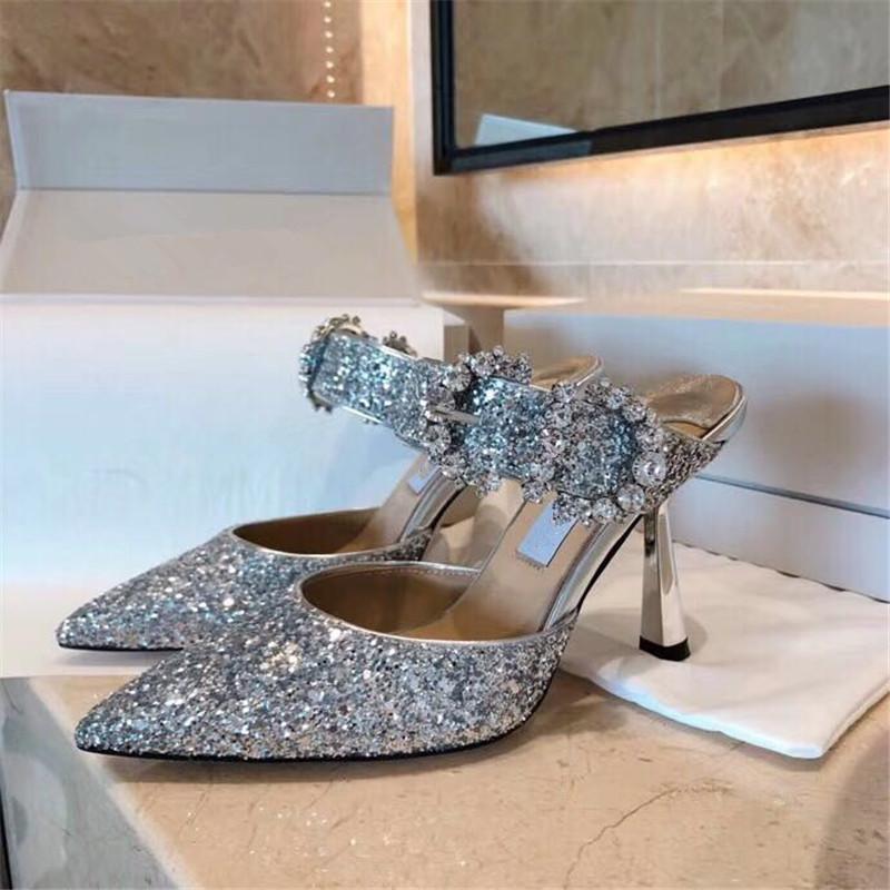 Sandals Fashion Designer Bling Glitter Summer Crystal High Heels Party Wedding Shoes Woman Buckle Slip On Women 2021