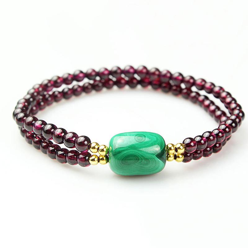 Beaded, Strands Wholesale Natural Garnet Stone Bracelets Wine Red Beads And Malachite Two Layers Bracelet Lucky For Women Crystal Jewelry