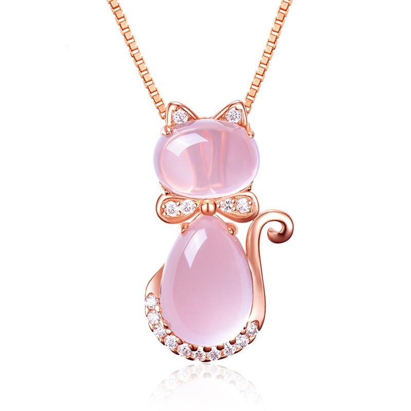 Pendant Necklaces Rose Gold Color Cute Cat Ross Quartz Pink Opal Jewelry Necklace For Women Girls Children Gift Choker