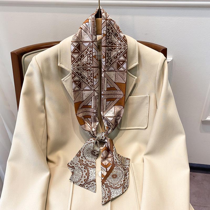 Scarves 2021 Fashion Spring And Autumn Geometric Small Silk Scarf Women&#039;s Hair Band Color Matching Narrow Ribbon