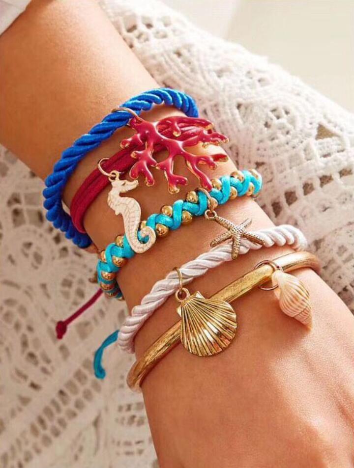 Link, Chain Fashion Charms Beach Shell Starfish Leather Bracelet Women Party Jewelry Gifts