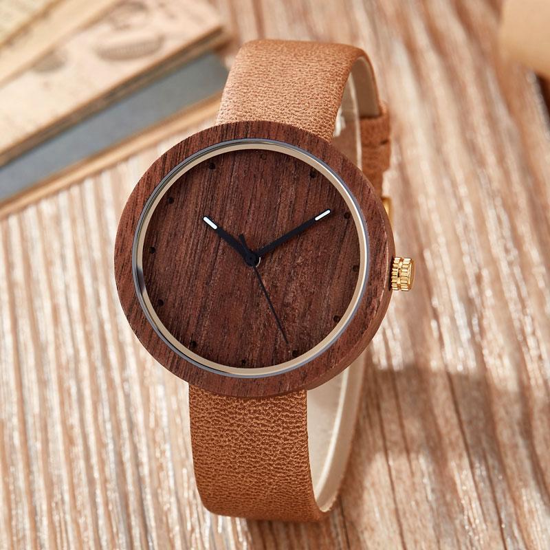 Wristwatches 2021 Top Gift Coffee-Purple Watchband Natural Bamboo Wood Watch Men Women Genuine Leather Wooden Clock Male Reloj De Madera