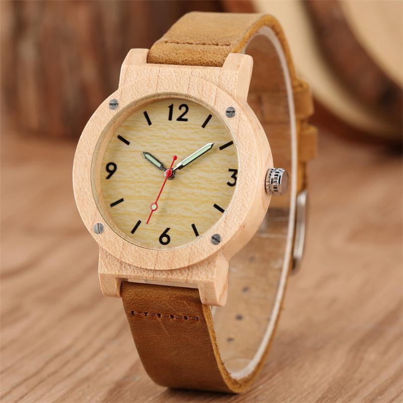 Wristwatches Chic Luminous Hand Women&#039;s Wooden Watch Brown Genuine Leather Watchband Quartz Ladies Casual Female Clock Gifts
