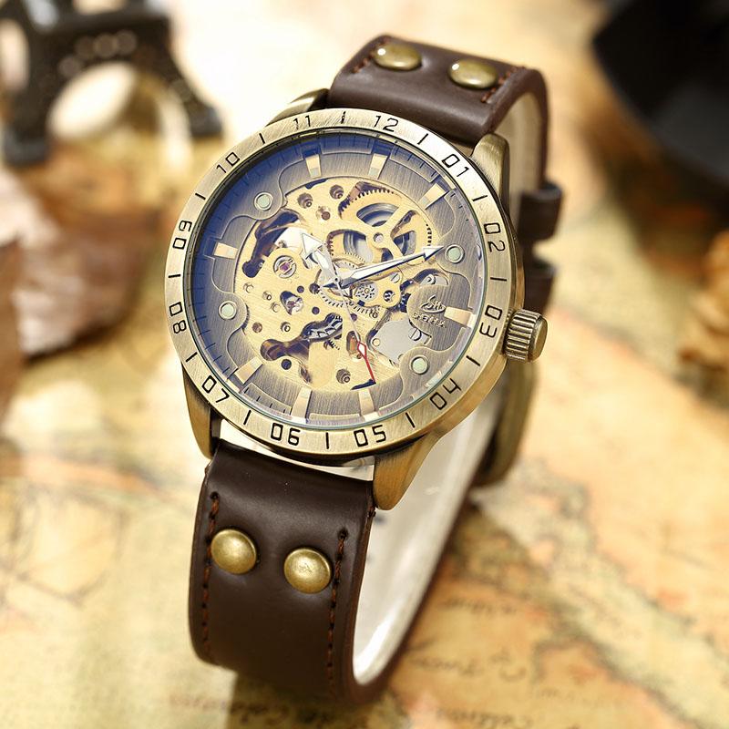 Wristwatches SHENHUA Top Men Mechanical Retro Bronze Skeleton Automatic Wristwatch For Male Clock Gifts 2021