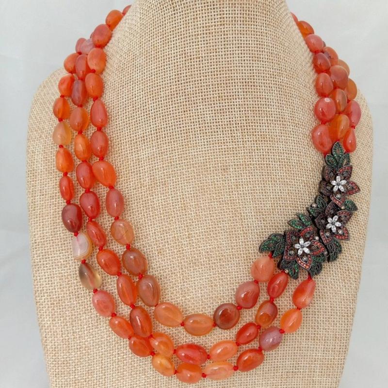 Chokers 19&quot;-22&#039;&#039; 3 Strands Orange Carnelian Nugget Necklace CZ Pave Pendant