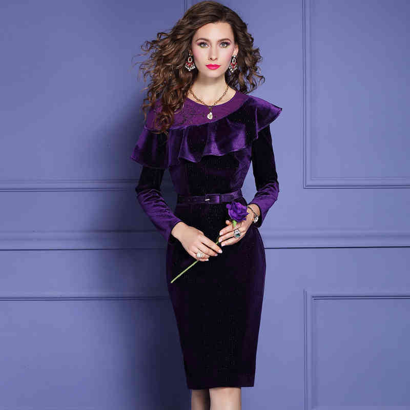 Two Piece Dress Fashion female designer spring long, droopy vintage beads office dress party robe femme plus size velvet clothes 9Y6P