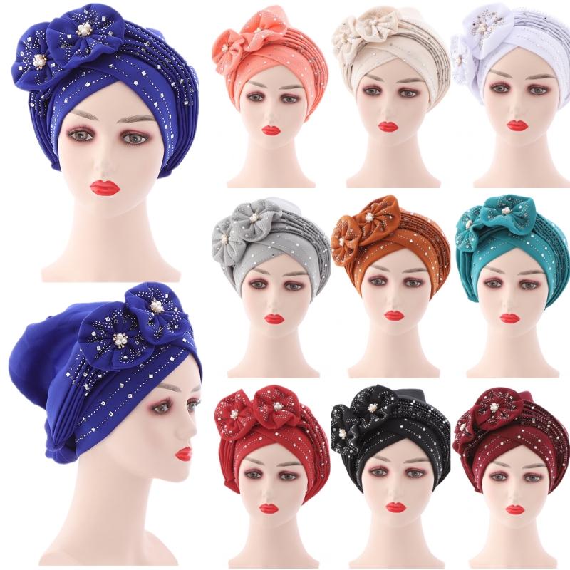 Beanie-Skull Caps Nigerian Headtie African Turban Cap Beaded Multicolor Bonnets Ready Female Head Wraps Headwear Fashion Dubai Muslim