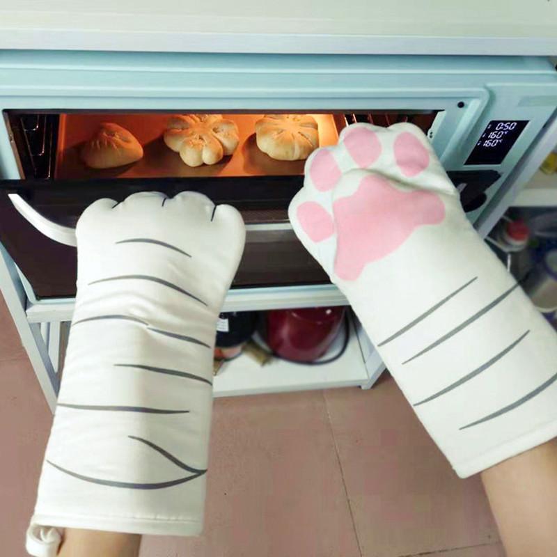 Oven Mitts 3D Cartoon Cat Paws Long Cotton Baking Insulation Gloves Microwave Heat Resistant Non-slip Kitchen