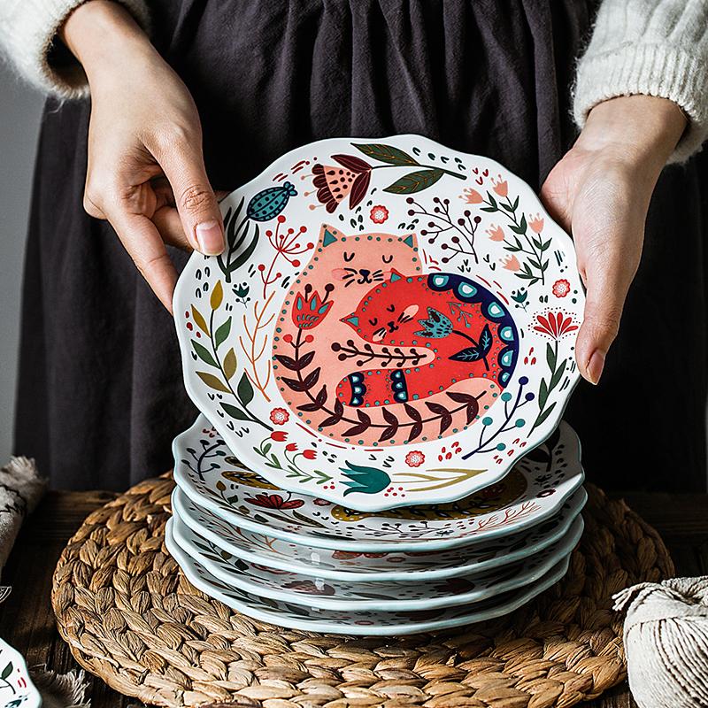 Dishes & Plates 8 Inch Colorful Cat Dinner Plate Under-glazed Ceramic Dessert Tray Flower Kitten Dinnerware Microwave Safe