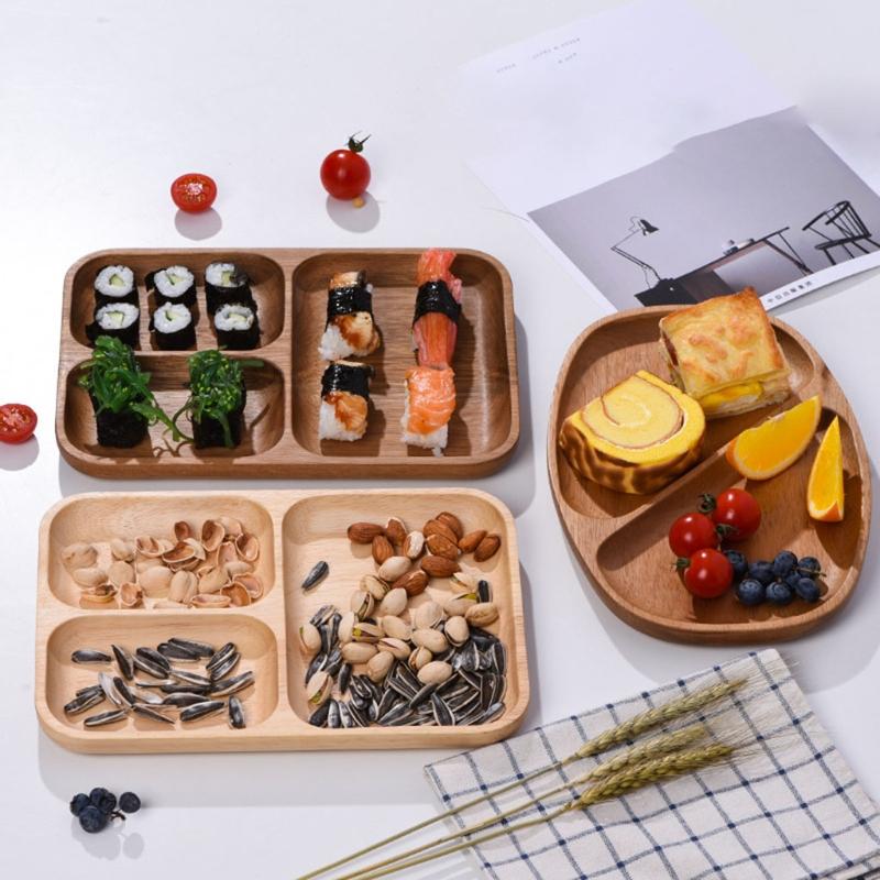 Dishes & Plates 2-4 Grids Wooden Snack Plate Breakfast Bread Tray Fruit Dessert Dish Organizer Tableware Kitchen Party Supplies