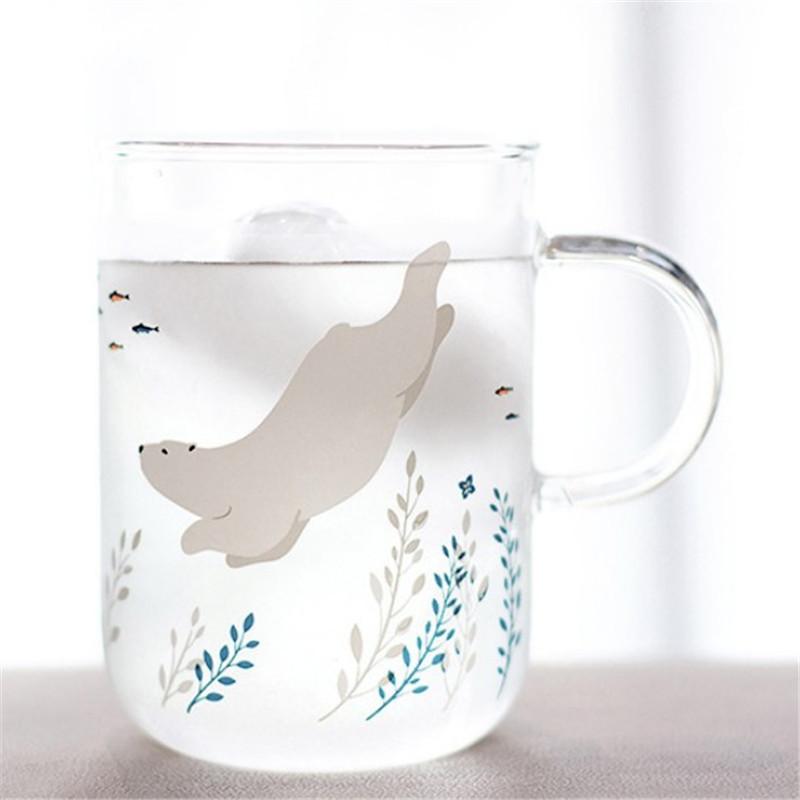 Mugs YJBD Cute Polar Bear Glass Mug Lovely Seal Coffee Heat Resistant Tea Cup Beer Japanese Zakka Novelty