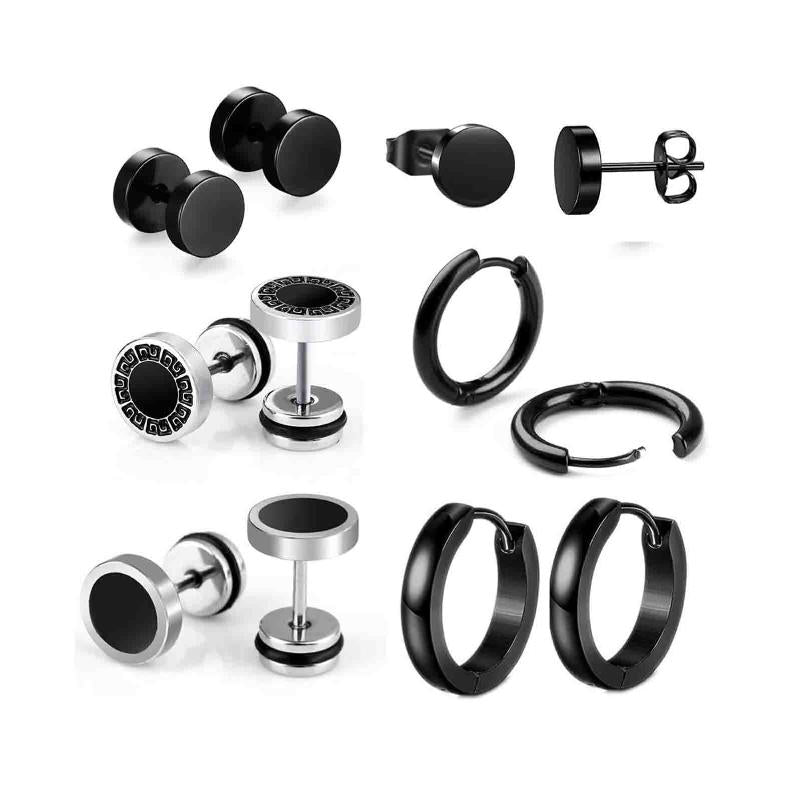 Stud 6 Pairs Punk Stainless Steel Men&#039;s Earrings Black Perforated Clip Type Set Non-perforated Fake Gift