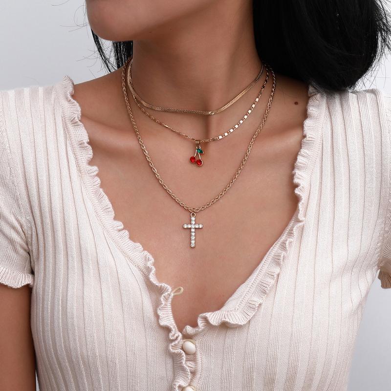 Pendant Necklaces 2021 Geometry Fashion Gold For Women Multilevel Cherry Crystal Cross Chain Female Necklace Jewelry Gift