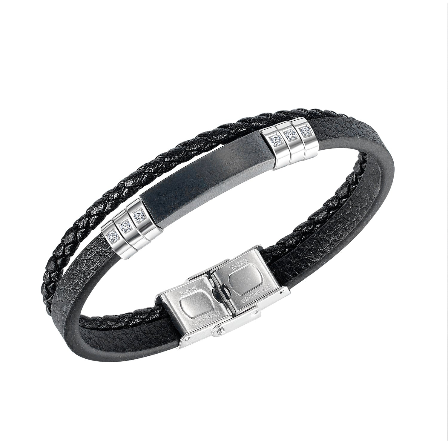 black leather bracelet for men multilayer knit sliver stainless steel minimalism hand brand jewelry boys gifts