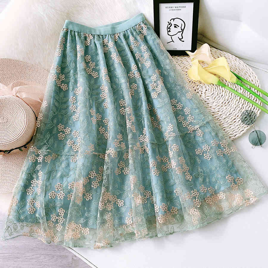 Skirts Women Summer Boho Floral Flower Embroidery Elegant Long Stretch High Waist A-Line Femme Faldas Jupe Saia 6ES3