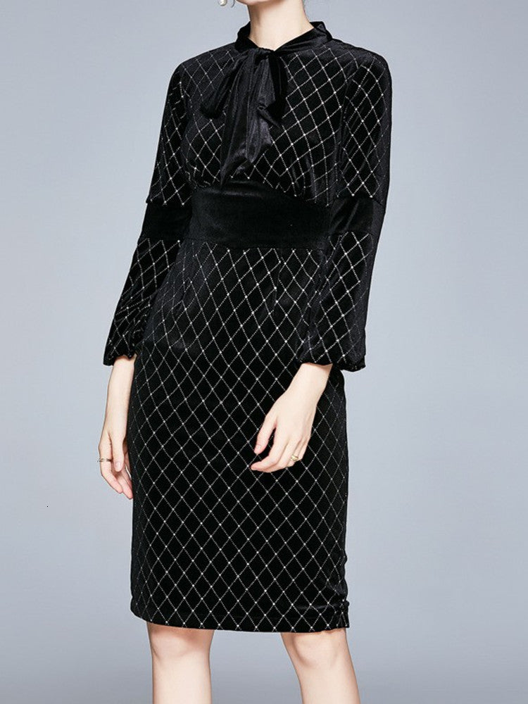 Casual Dresses Designer Runway Lantern Sleeve Black Velvet Party Dinner Slim Sheath Luxury Glitter Plaid Dress Elbise 0WXR