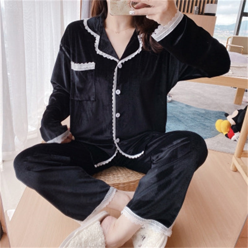 Women&#039;s Sleepwear Fdfklak Pijama Feminino Autumn Winter Pyjamas Women Long Sleeve Gold Velvet Home Clothes Thick Sweet Ladies Sleepwear Set OTL